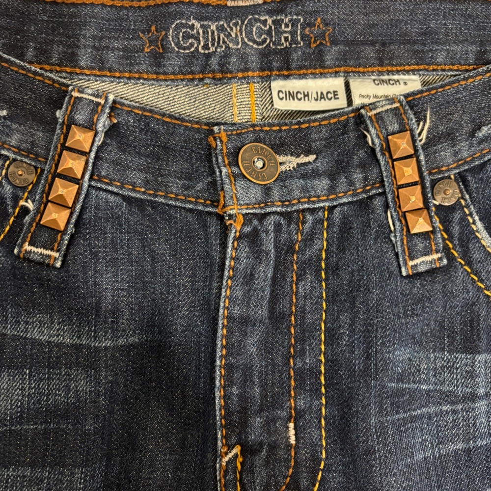 Cinch Jace Blue Jeans Mens 31x34 Studded Distressed Relaxed Straight Leg Tall